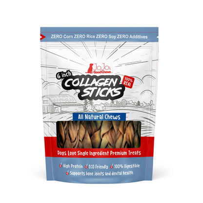 All-Natural Braided Collagen Stick Dog Treats, Supports Joint, Skin & Coat Health – 6-Inch Standard (4-Pack)