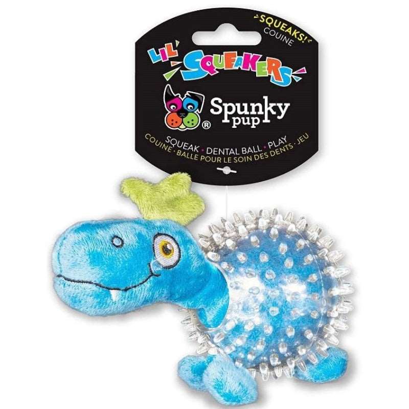 Spunky Pup Lil Squeakers Dino In Cear Spiky Ball Dog Toy Assorted Colors - 1 Count