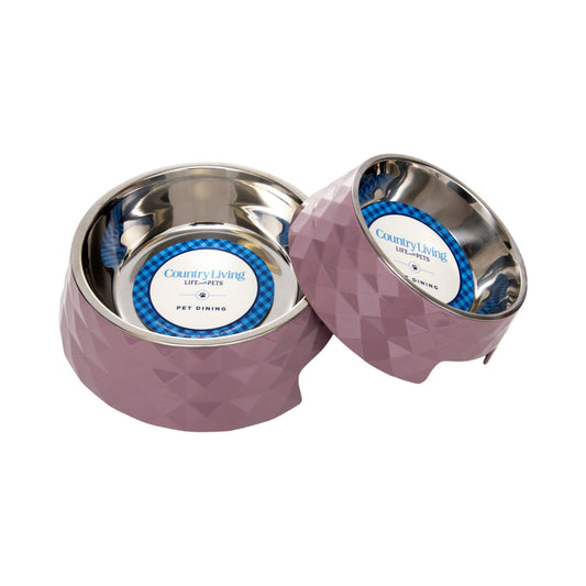 Country Living Set of 2 Diamond Twill Melamine Dog Bowls with Removable Stainless Steel Inserts – Wood Rose