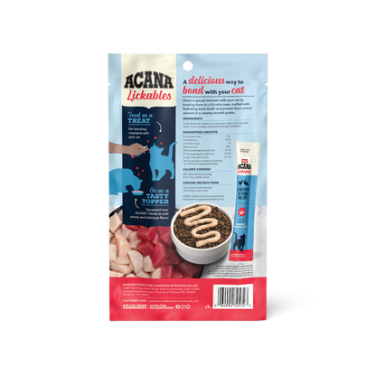 The Family Pet Acana cat lickables treats packaging with creamy textured cat treat and tuna flavor