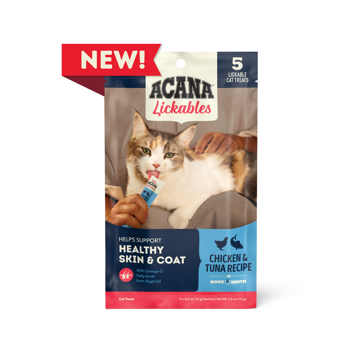 Acana cat lickables treats chicken and tuna recipe with omega fatty acids for healthy skin and coat