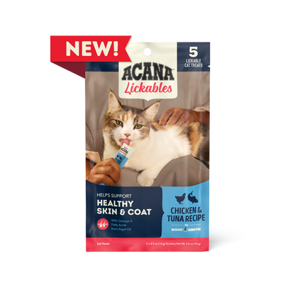 Acana cat lickables treats chicken and tuna recipe with omega fatty acids for healthy skin and coat