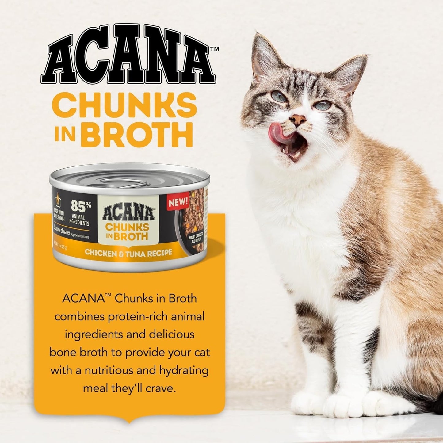 Acana grain free cat food wet chicken and tuna recipe can with a white and brown cat licking its lips