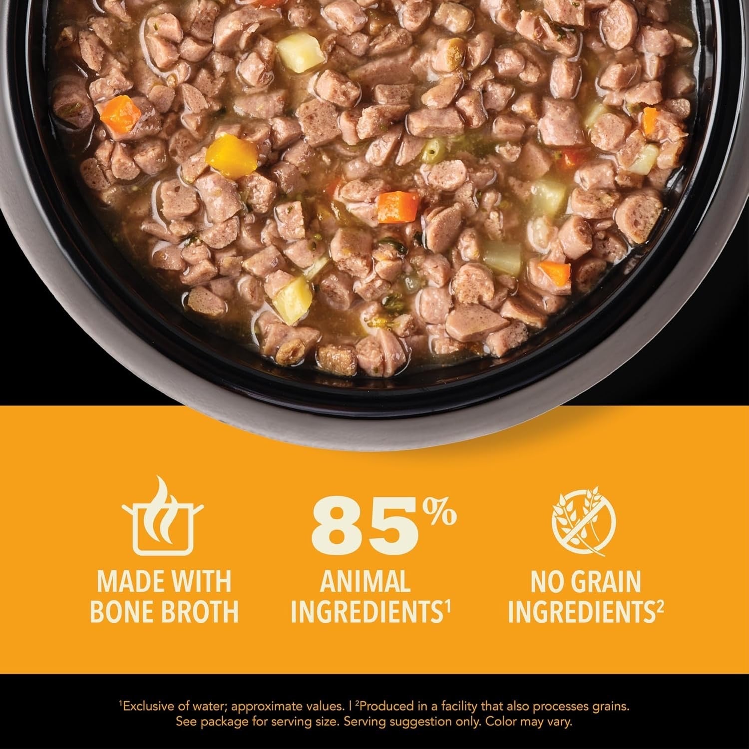 Close-up of The Family Pet wet cat food made with bone broth featuring Acana grain free cat food with 85 percent animal ingredients