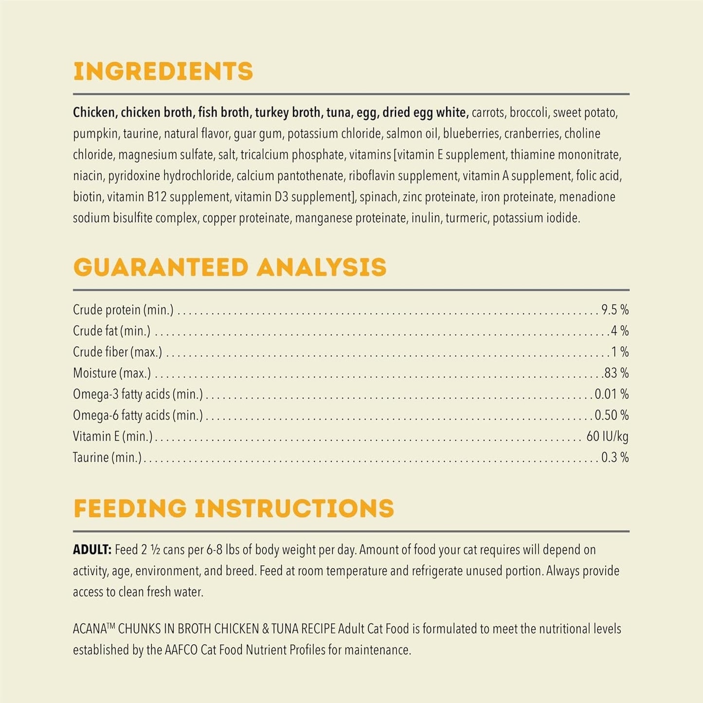 Ingredients and feeding instructions panel for The Family Pet Acana grain free cat food wet cat food
