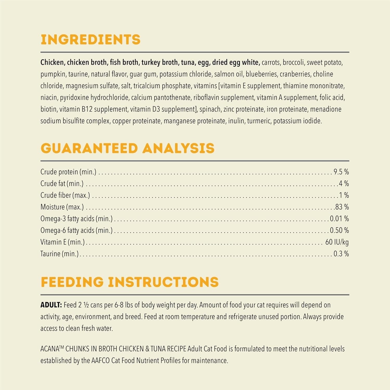 Ingredients and feeding instructions panel for The Family Pet Acana grain free cat food wet cat food