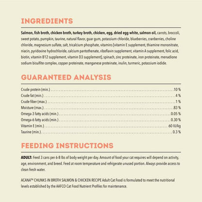 Ingredients and feeding instructions for Acana grain free cat food by The Family Pet with salmon and chicken broth