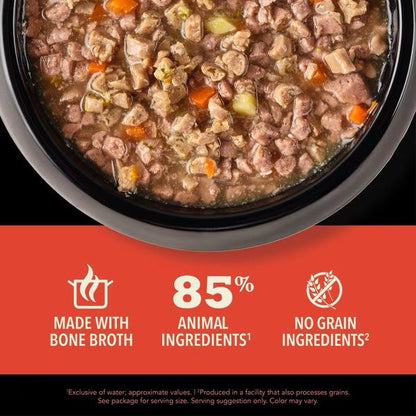 The Family Pet grain free wet cat food made with bone broth and 85 percent animal ingredients