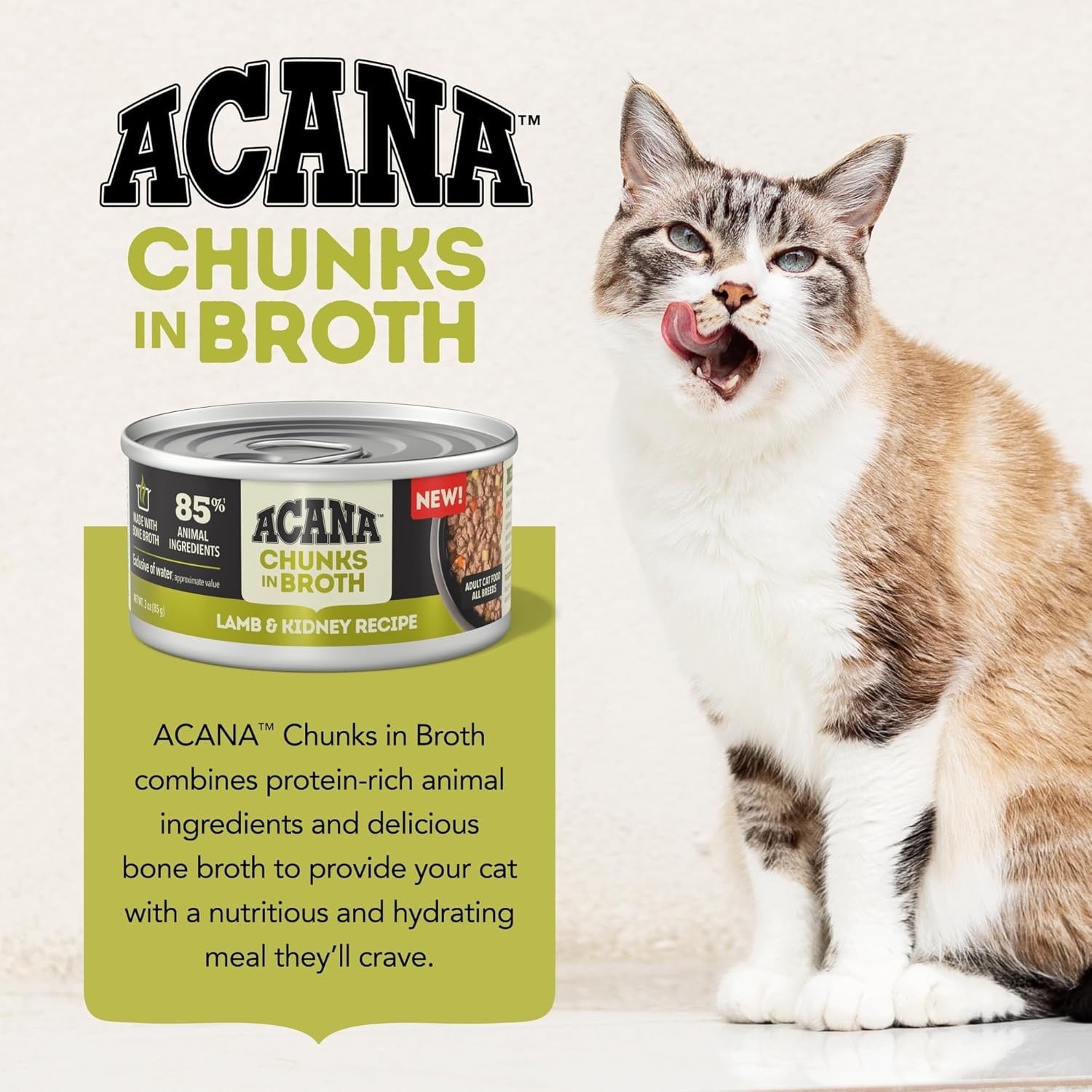 Acana grain free wet cat food Lamb and Kidney Recipe in chunks in broth with a cat licking its lips