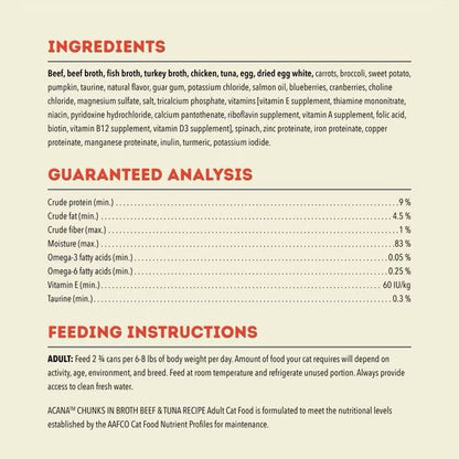 Ingredients and feeding instructions for The Family Pet grain free wet cat food with beef and tuna broth
