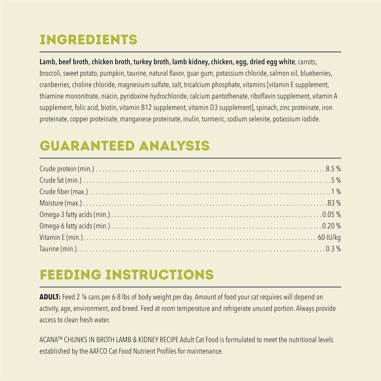 Acana grain free wet cat food ingredients and feeding instructions for adult cats by The Family Pet