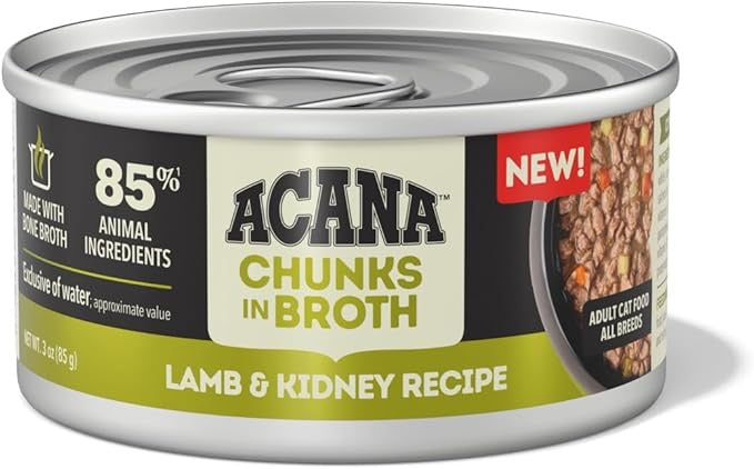 Acana grain free wet cat food lamb and kidney recipe chunks in broth with 85 percent animal ingredients