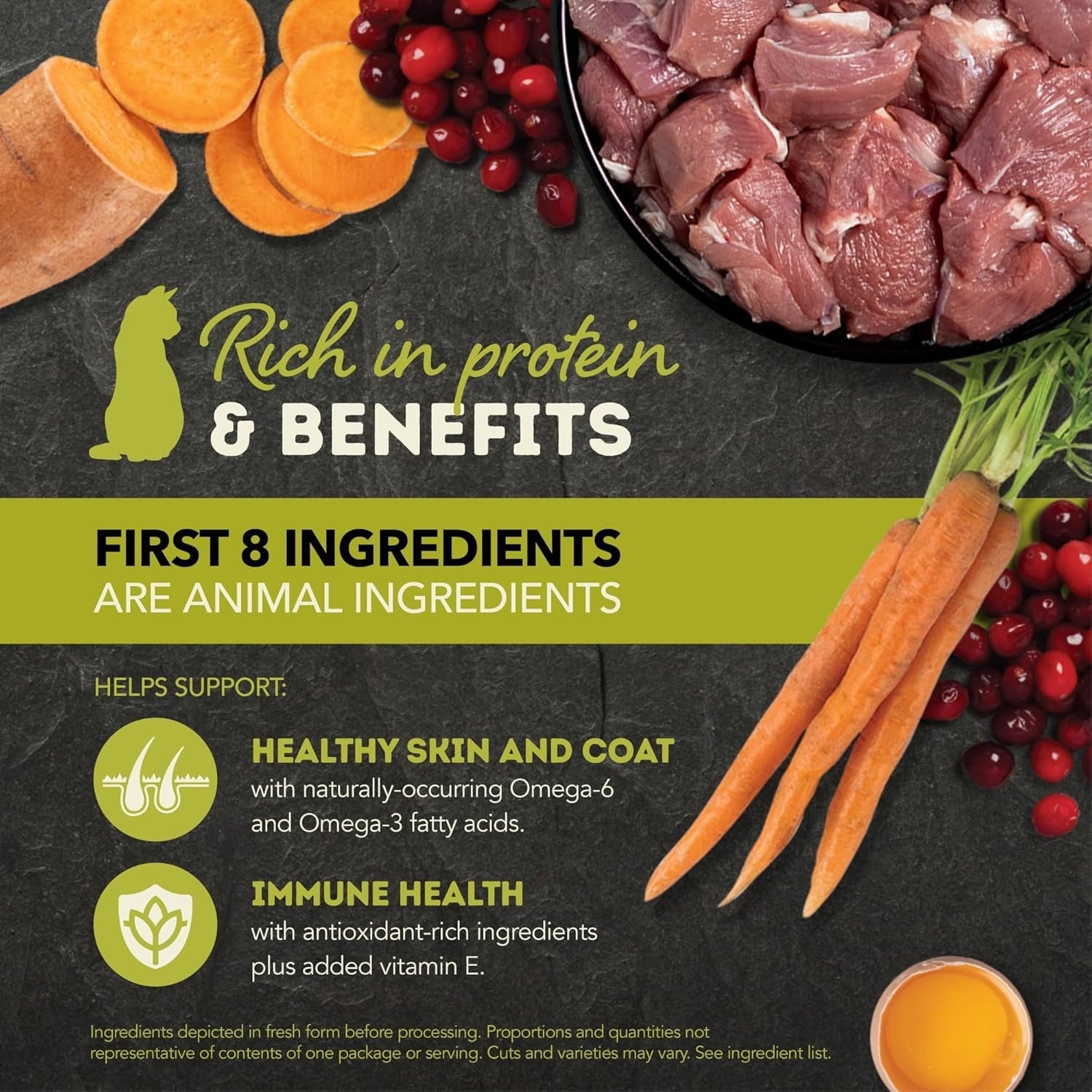 Acana grain free wet cat food highlighting rich protein and benefits with first eight animal ingredients and health support