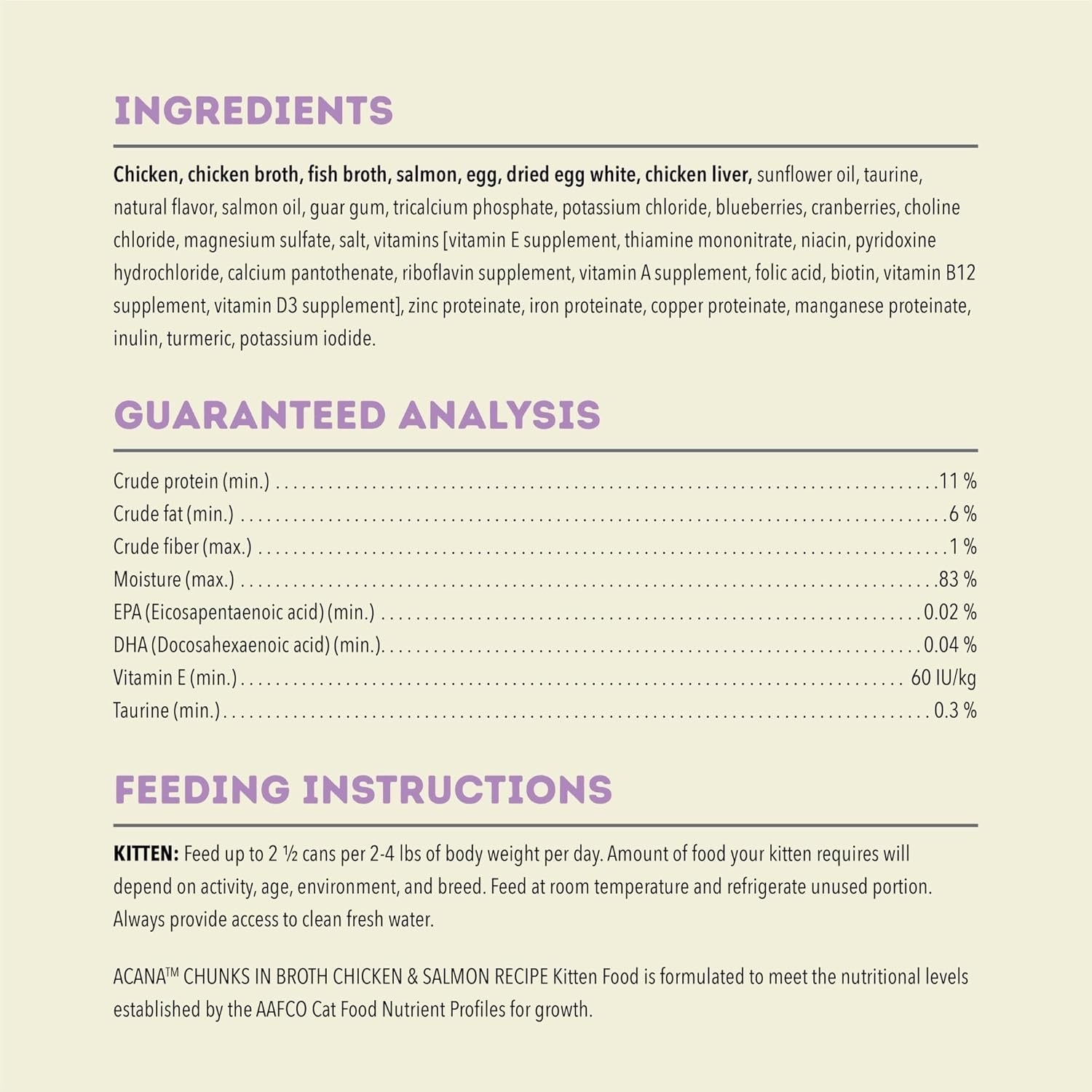 Acana kitten wet food ingredients and guaranteed analysis label for kitten nutrition