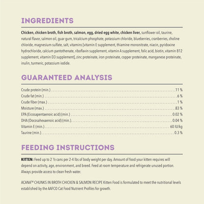 Acana kitten wet food ingredients and guaranteed analysis label for kitten nutrition