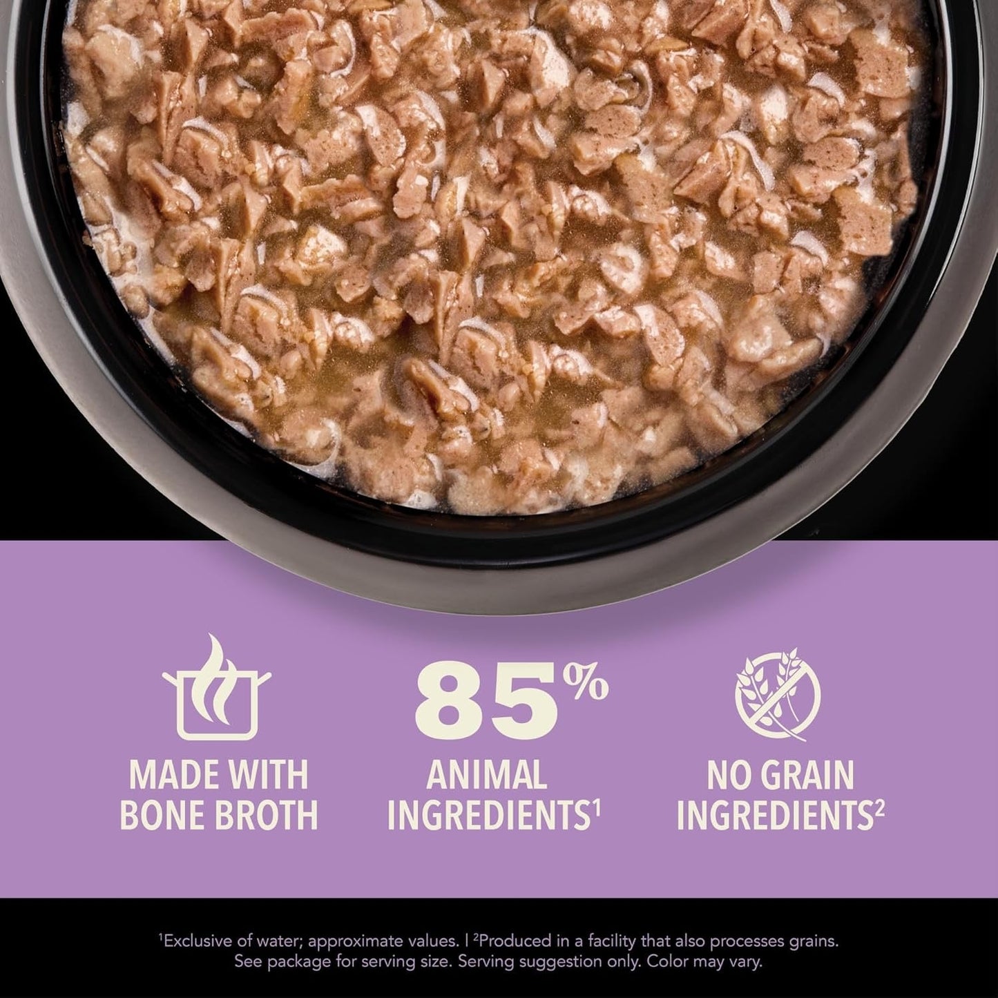 Acana kitten wet food in a bowl highlighting 85 percent animal ingredients no grain and made with bone broth