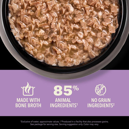 Acana kitten wet food in a bowl highlighting 85 percent animal ingredients no grain and made with bone broth