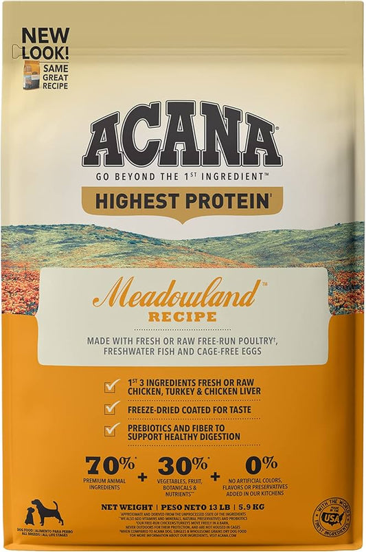 Acana Meadowland Recipe dog food dry pack with highest protein by The Family Pet