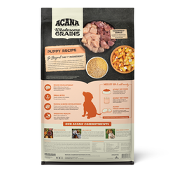 The Family Pet Acana puppy food wholesome grains dry dog food bag with nutrition details and puppy image