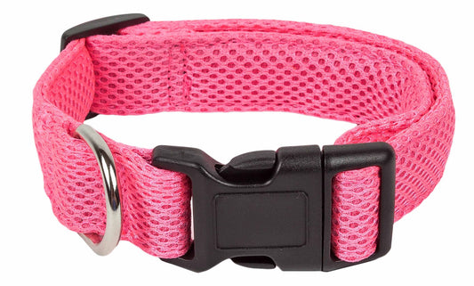 Pink adjustable mesh dog collar with black plastic buckle and metal D-ring from PawCounter.com