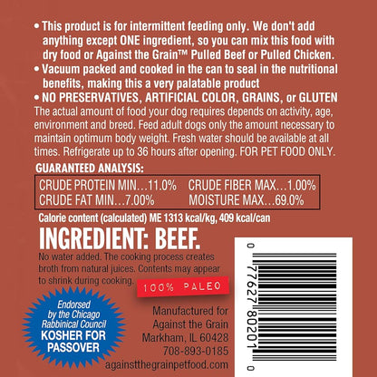 The Family Pet 100% beef wet dog food can label with nutritional facts and kosher endorsement