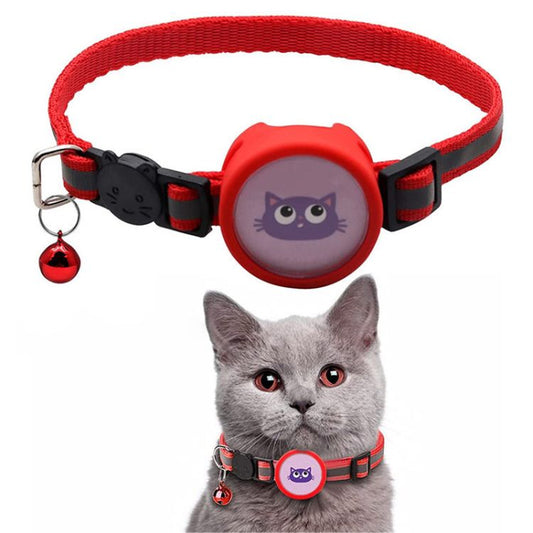 Red AirTag pet collar with cat design and bell shown on gray cat for pet tracking safety
