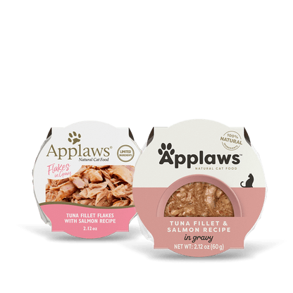 The Family Pet natural wet cat food Applaws tuna fillet flakes with salmon recipe in tin cans