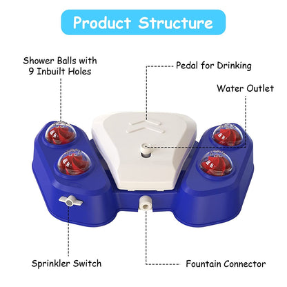 PawCounter.com automatic dog water fountain with shower balls, drinking pedal, sprinkler switch, and fountain connector