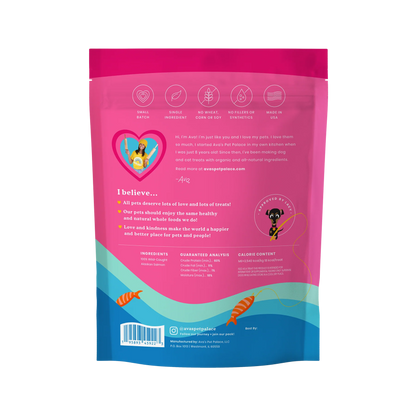 American Pet Supplies salmon jerky dog treats resealable pink and blue bag with product details