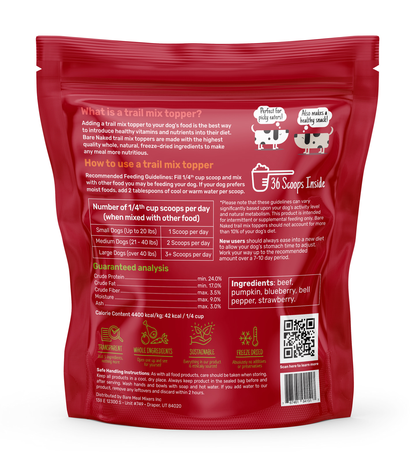 Red bag of beef mix dog food topper with instructions for use for pets of various sizes