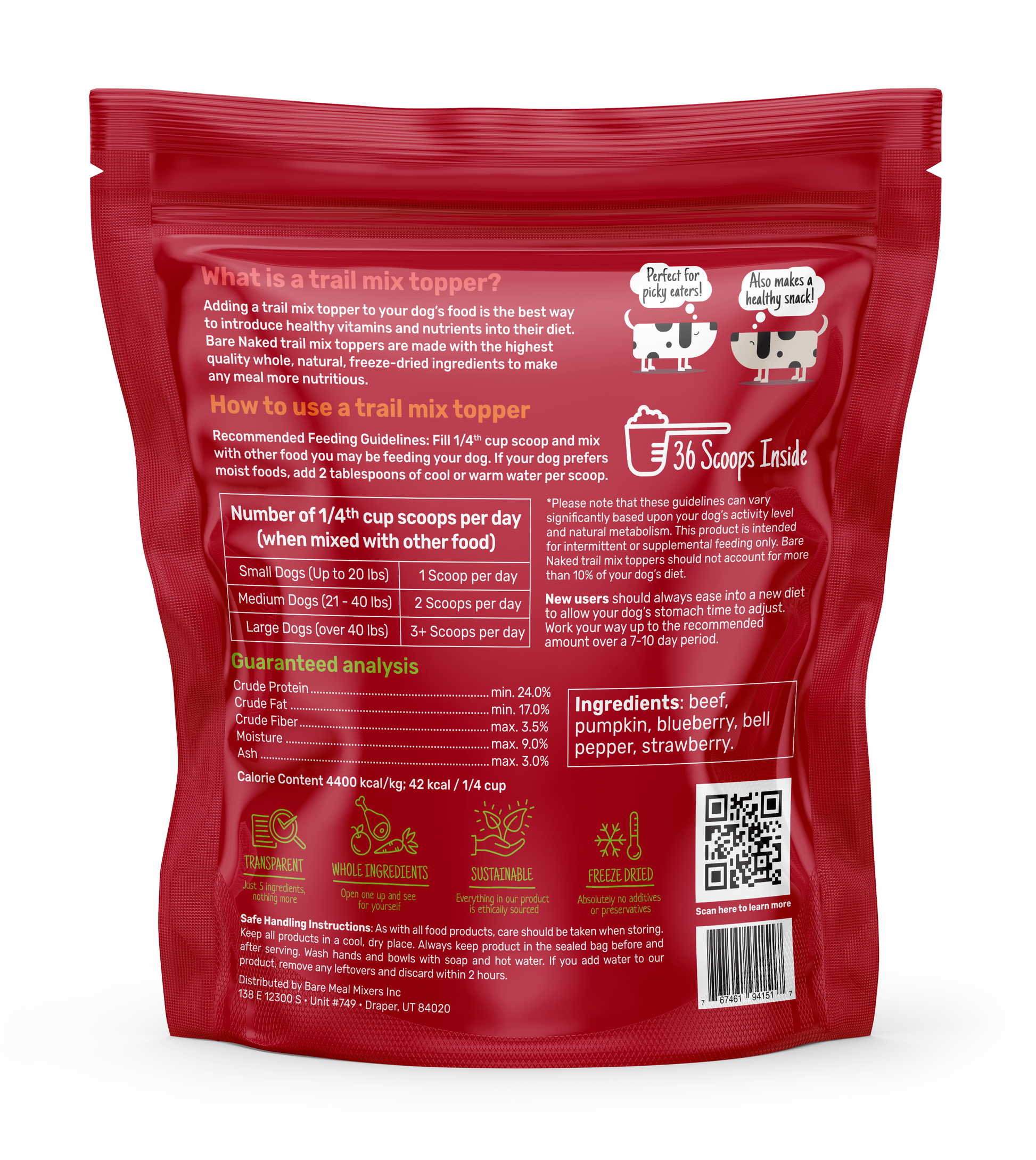 Red bag of beef mix dog food topper with instructions for use for pets of various sizes