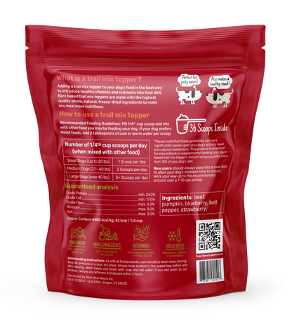 Red bag of beef mix dog food topper with instructions for use for pets of various sizes
