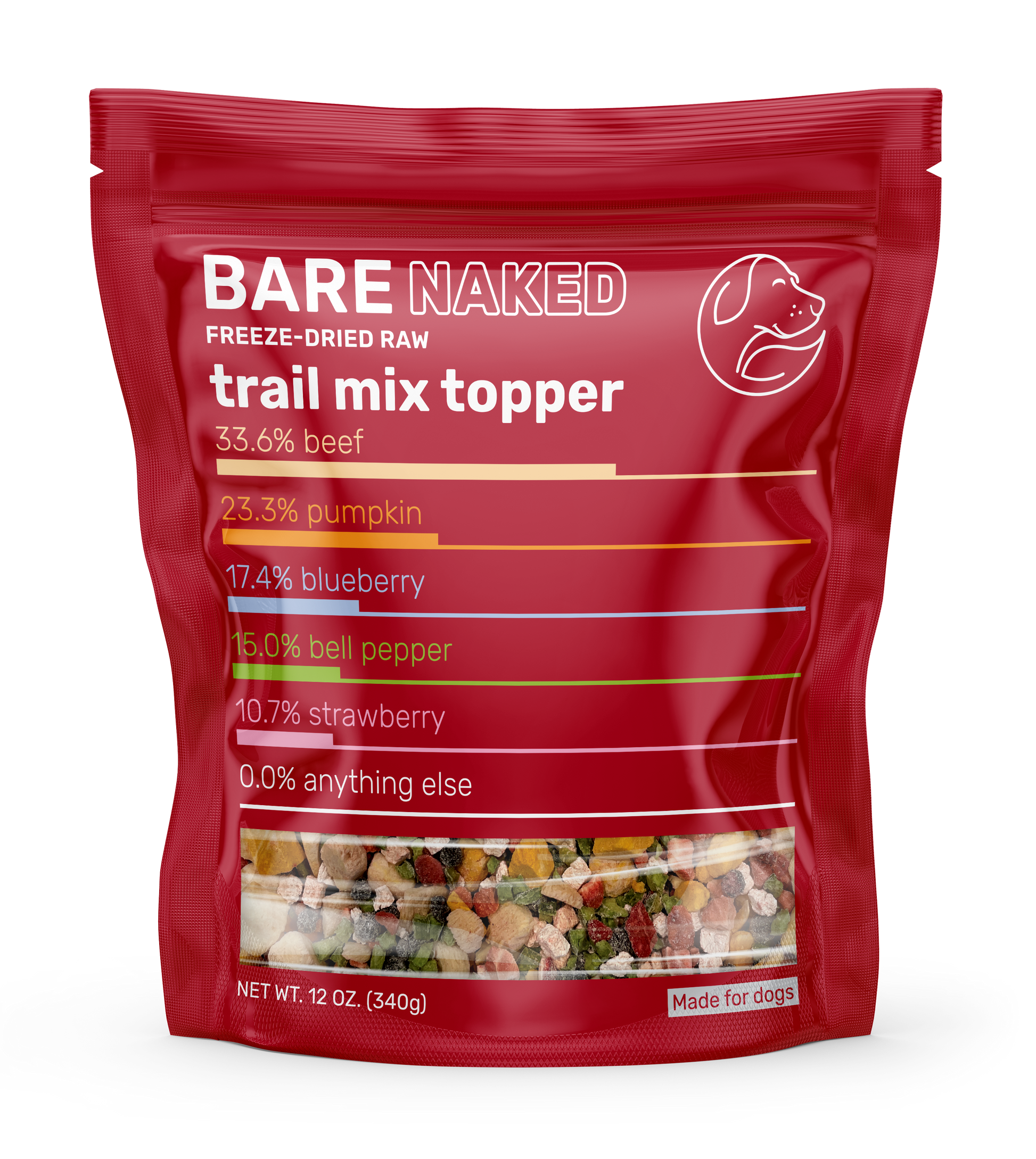 Bare Naked Pet Co. beef mix dog food topper in red package featuring freeze-dried trail mix ingredients