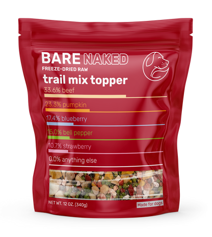 Bare Naked Pet Co. beef mix dog food topper in red package featuring freeze-dried trail mix ingredients