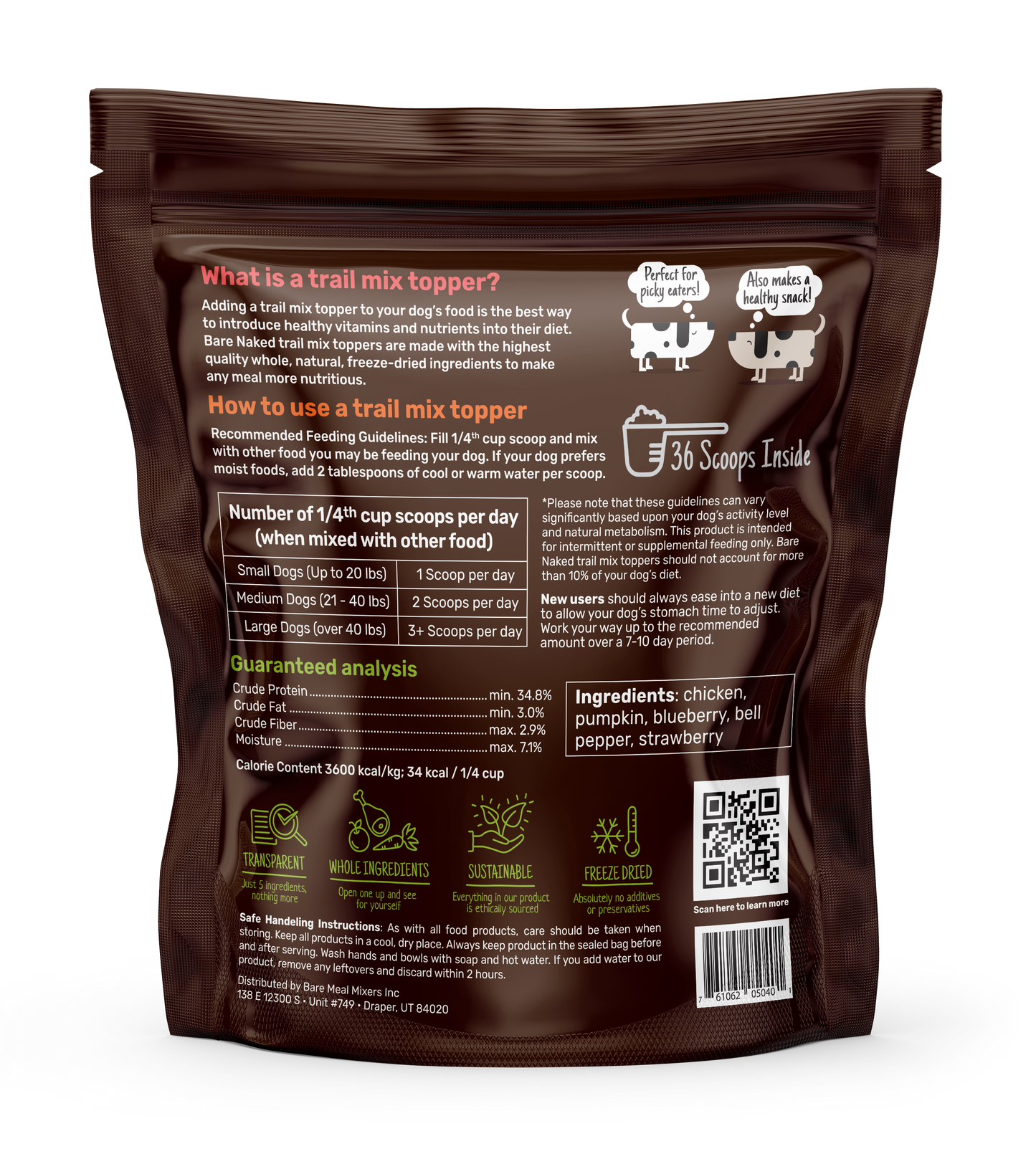 Trail mix topper for dogs in brown packaging with ingredients like chicken and strawberry for added nutrition