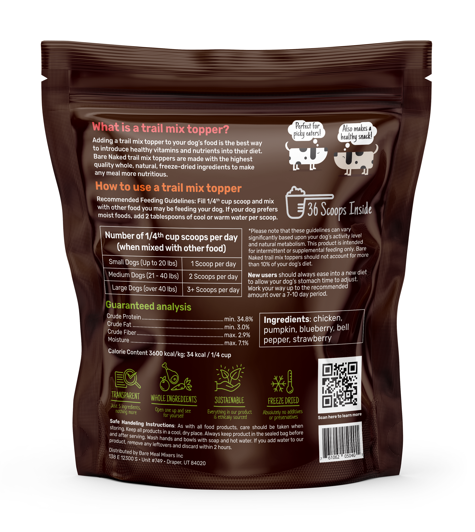 Trail mix topper for dogs in brown packaging with ingredients like chicken and strawberry for added nutrition