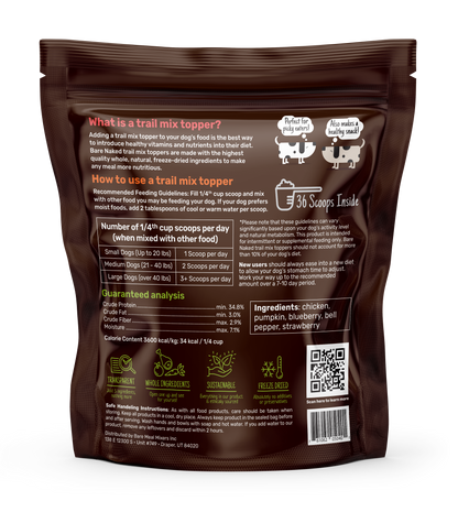 Trail mix topper for dogs in brown packaging with ingredients like chicken and strawberry for added nutrition