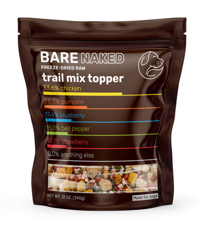 Bare Naked Pet Co. Trail Mix Topper for dogs with chicken, pumpkin, blueberry, and bell pepper