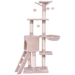 Beige cat condo with scratching posts featuring multiple platforms, a cozy cubby, ladder, and hanging toys