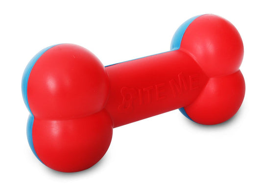 Red and blue durable bone dog toy with a sturdy design by PawCounter.com for active chewers