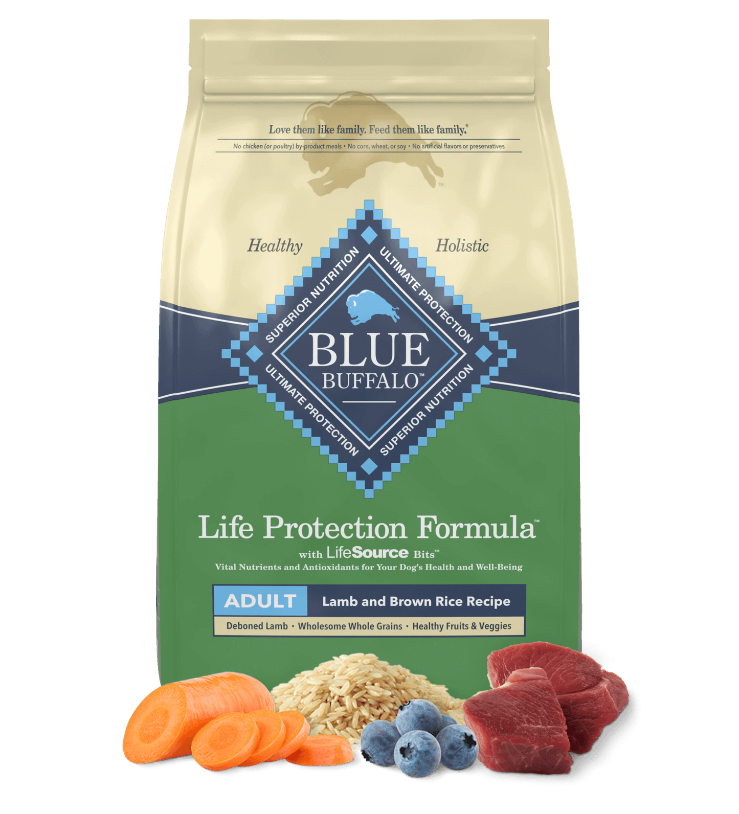 Blue Buffalo lamb and brown rice dog food Life Protection Formula bag with lamb, rice, blueberries, and carrots