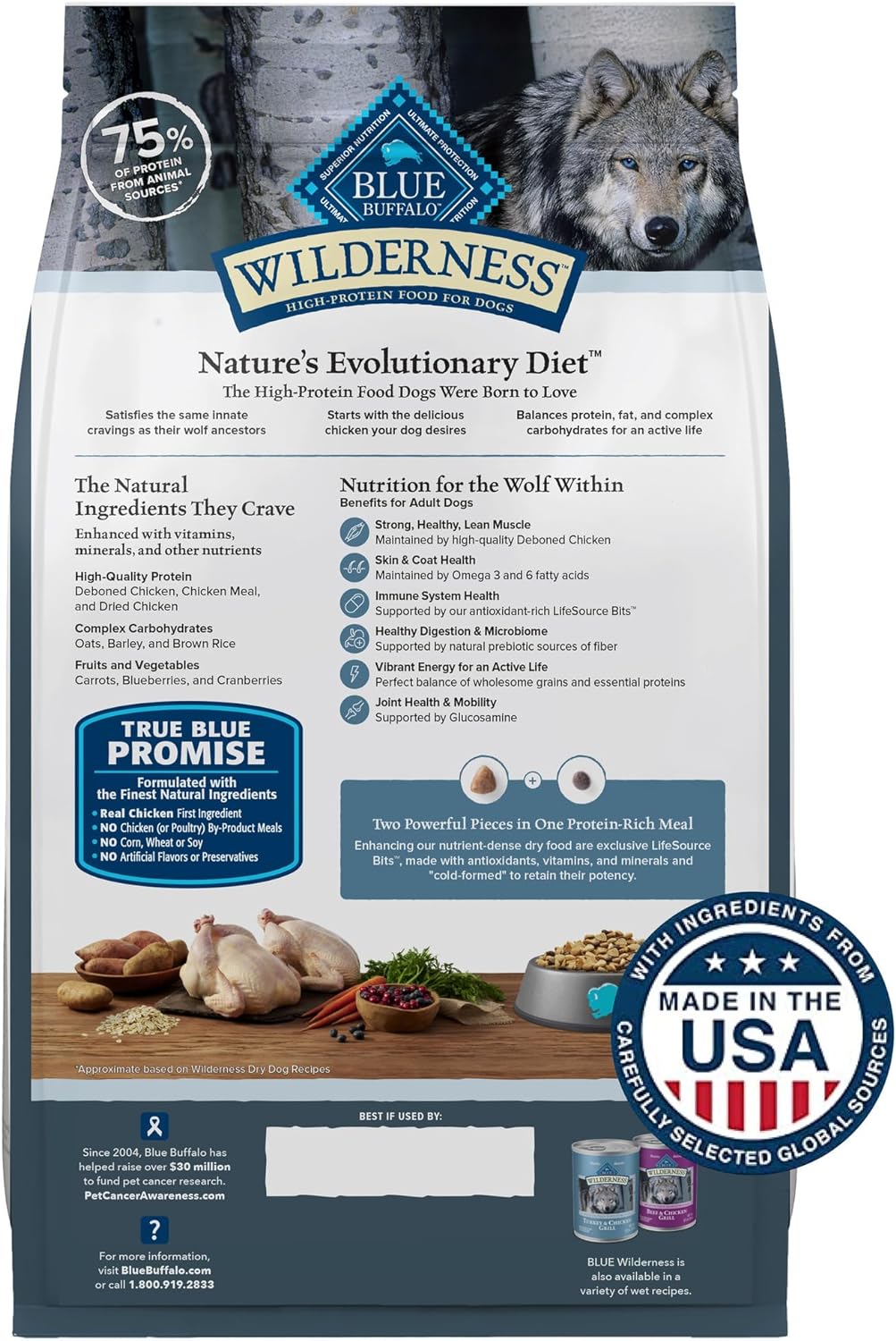 Blue Buffalo Wilderness dog food dry dog food bag with wolf image and nutritional information