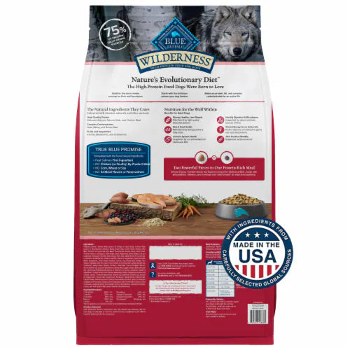 Blue Buffalo Wilderness Salmon dog food dry dog food bag with wolf image and natural ingredients