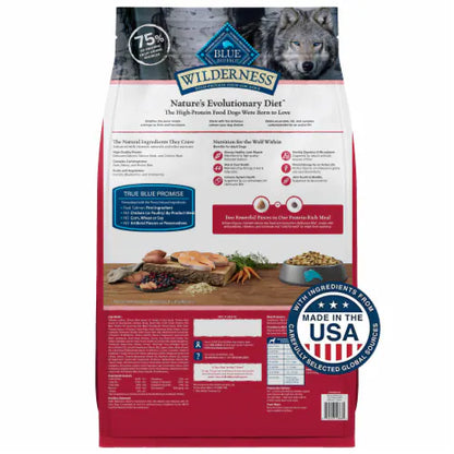 Blue Buffalo Wilderness Salmon dog food dry dog food bag with wolf image and natural ingredients