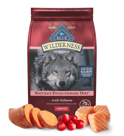 Blue Buffalo Wilderness Salmon dog food bag with wolf image and salmon, sweet potatoes, and cranberries