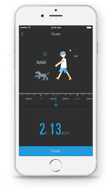 Smartphone screen showing walking time tracking app for Bluetooth smart dog leash by PawCounter.com