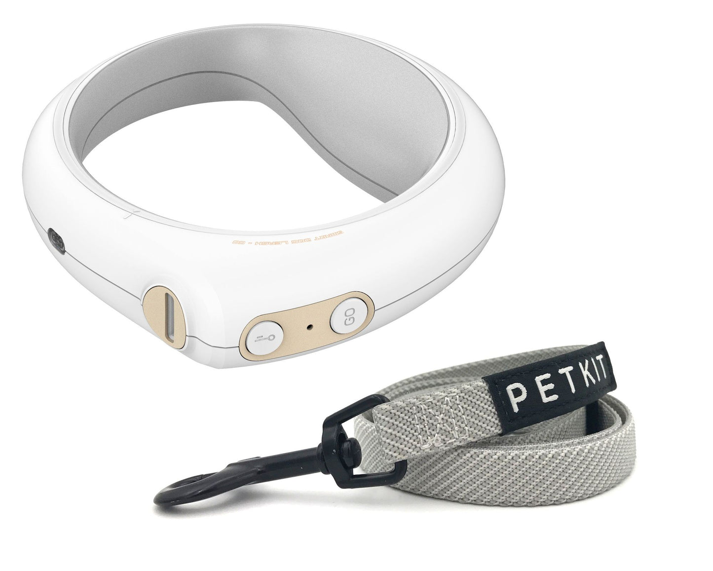 Bluetooth smart dog leash with white ergonomic collar and grey adjustable fabric strap from PawCounter.com