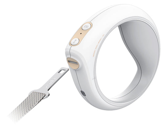 White Bluetooth smart dog leash with ergonomic handle and control buttons for easy pet walking