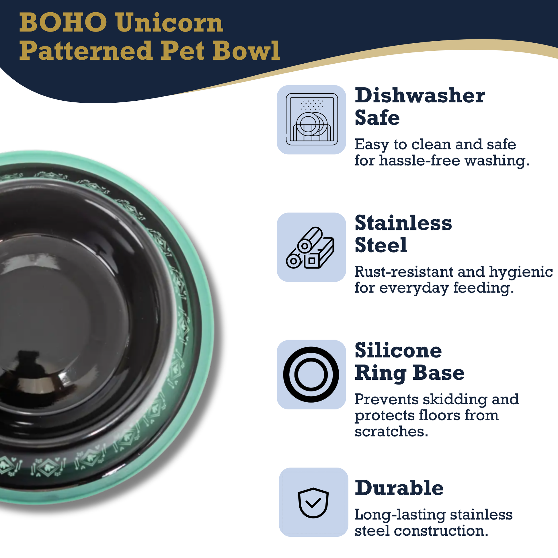 Boho stainless steel dog bowl with turquoise patterned base and silicone ring for skid resistance
