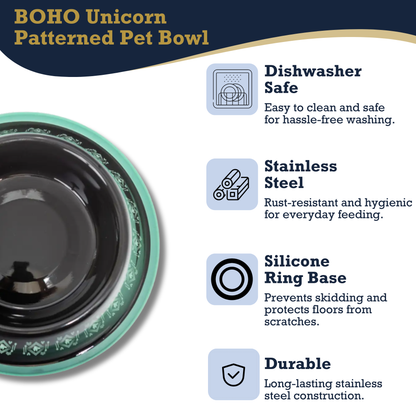 Boho stainless steel dog bowl with turquoise patterned base and silicone ring for skid resistance
